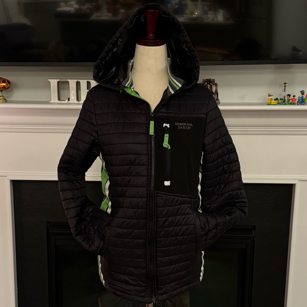 London Fog Boys’ Quilted Hooded Jacket – Black/Green (L 14–16)